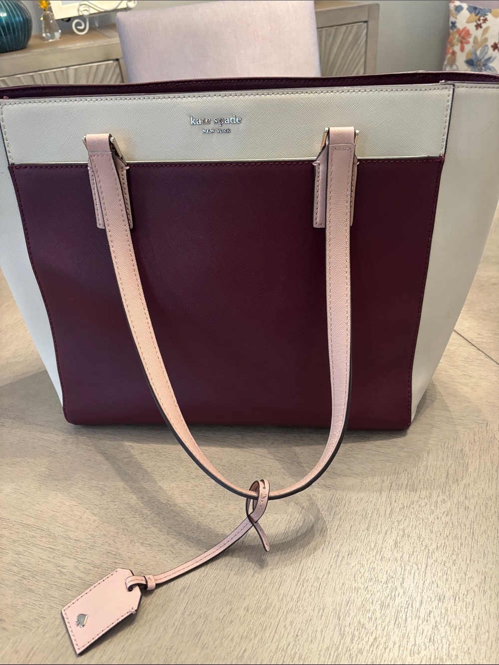 kate spade Colorblock Saffiano Tote in Burgundy, Cream & Light Pink